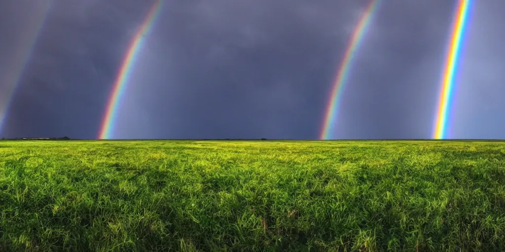 Image similar to detailed fields nature, super storm, full rainbow, impressive, atmospheric, god rays, cinematic, deep colors, deep blue, very high complexity, stunning, masterpiece, 3 5 mm, very detailed. 4 k