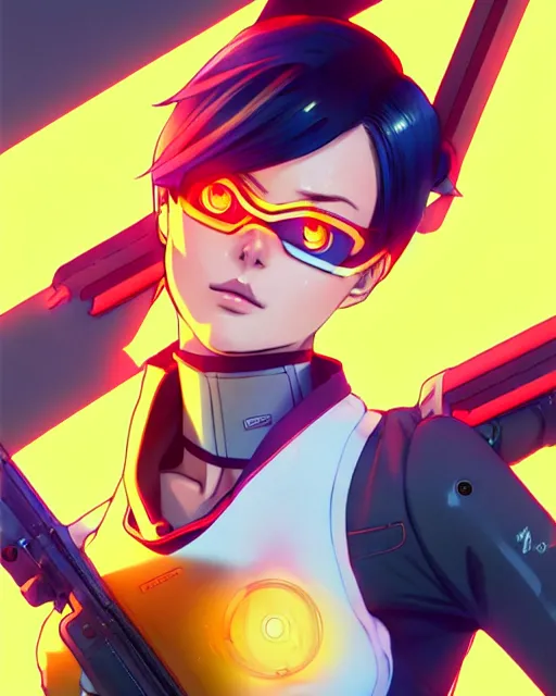 Image similar to Anime as Margot Robbie Playing Tracer Overwatch Tracer Overwatch || cute-fine-face, pretty face, realistic shaded Perfect face, fine details. Anime. Red-Line-Anime Red-Line-Anime realistic shaded lighting by Ilya Kuvshinov katsuhiro otomo ghost-in-the-shell, magali villeneuve, artgerm, Jeremy Lipkin and Michael Garmash and Rob Rey