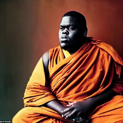 Image similar to in this detailed photography from Annie Leibovitz we can see the Notorious BIG, a buddhist monk who turned into the new Dalai Lama