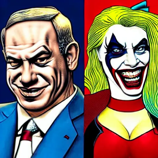 Image similar to portrait of Benjamin Netanyahu as the Joker and Sara Netanyahu as Harley Quinn, Neal Adams style ,Brian Bolland style