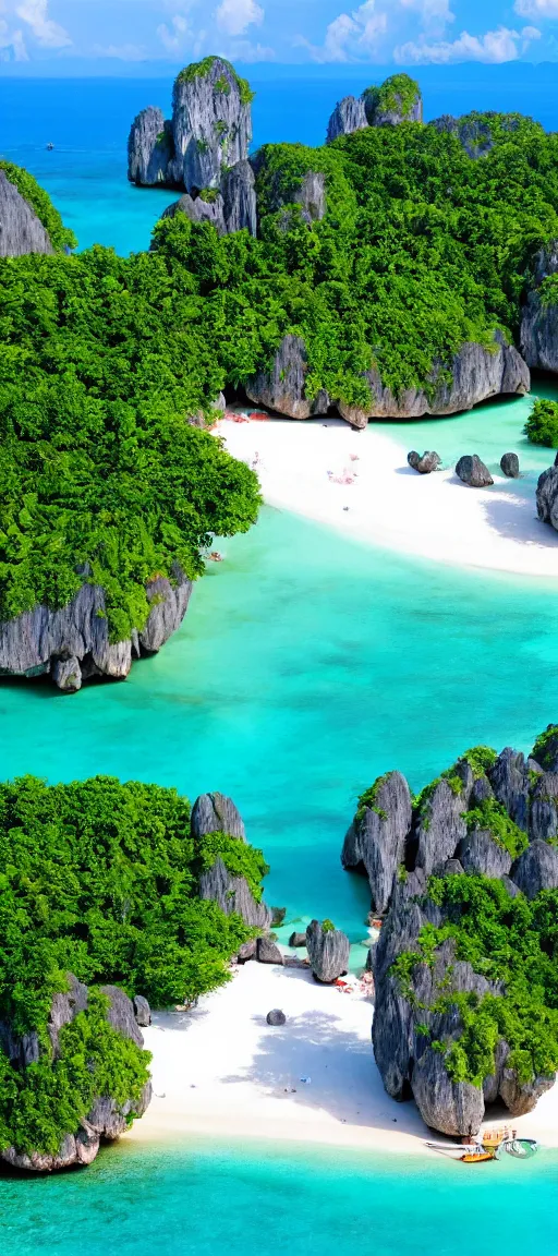 Prompt: koh samui koh krabi crystal clear blue water white sandy beach, 8 k wallpaper, high viewpoint, beautiful lighting, dslr