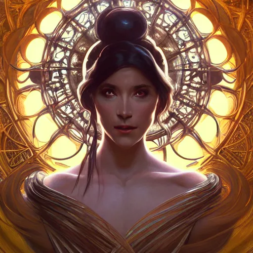 Image similar to perfectly-centered-Portrait of a sinister Goddess, intricate, highly detailed, digital painting, artstation, concept art, smooth, sharp focus, illustration, Unreal Engine 5, 8K, art by artgerm and greg rutkowski and alphonse mucha