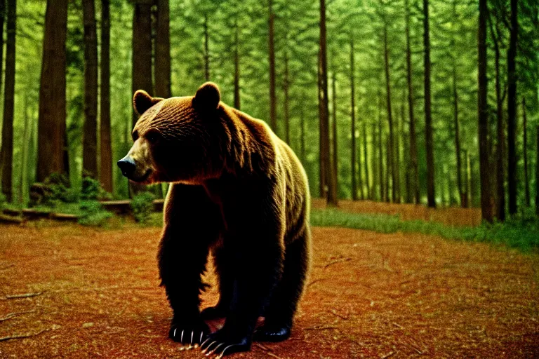 Image similar to a movie still of a bear in a forest by walerian borowczyk, immoral tales, grain, technicolor, high definition, remastered, wide angle, 7 0 mm, wide shot, cinematic