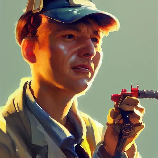 Image similar to greg manchess portrait painting of partially armored ghostbuster peter venkman overwatch character, medium shot, asymmetrical, profile picture, organic painting, sunny day, matte painting, bold shapes, hard edges, street art, trending on artstation, by huang guangjian and gil elvgren and sachin teng
