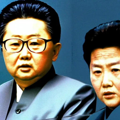 Image similar to split screen filmstill of Kim Jong-il and Shin Sang-ok