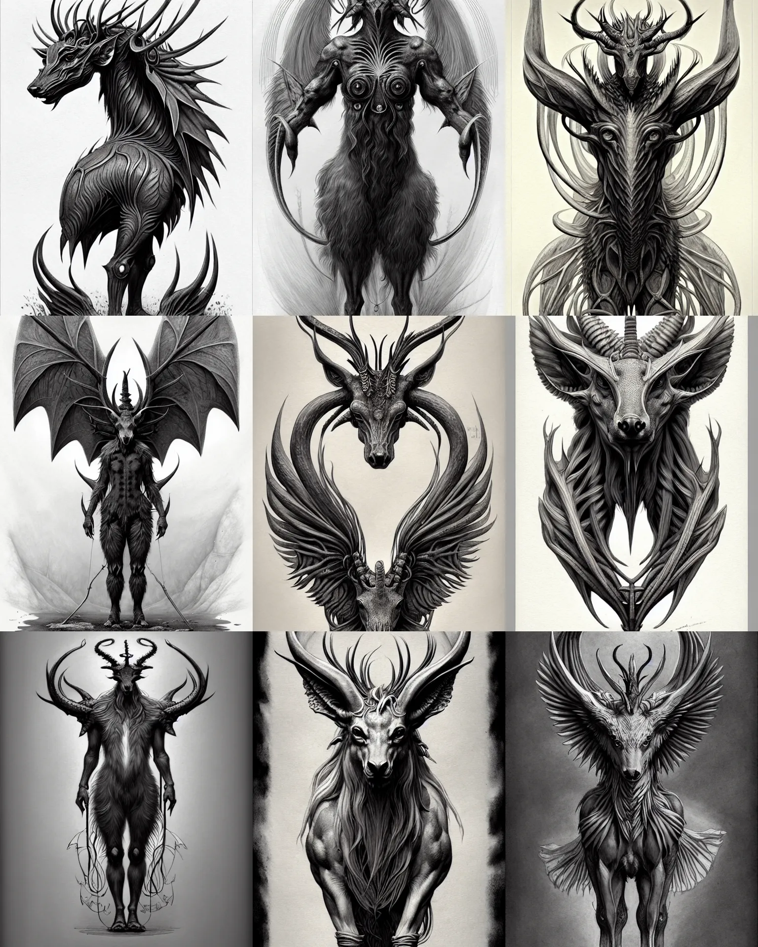 Prompt: a incredible symmetrical concept design, a full body portrait of a mythical creature by jean - baptiste monge, concept design, page scan of concept art, illustration, symmetry, desaturated, 8 k matte, concept art, detailed