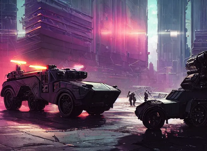 Prompt: A stryker armored vehicle as a Cyberpunk 2077 loading screen, intricate, dystopian, sci-fi, extremely detailed, digital painting, artstation, concept art, smooth, sharp focus, illustration, intimidating lighting, incredible art by artgerm and greg rutkowski and alphonse mucha and simon stalenhag