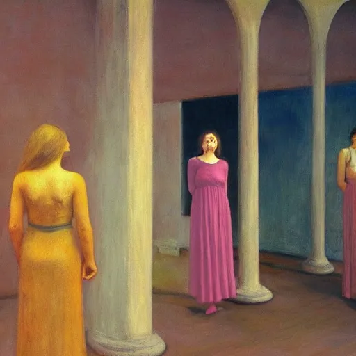 Image similar to procession of women in an haunted liminal abandoned temple, film still by edward hopper, by gottfried helnwein, by klimt, art noveau, highly detailed, strong lights, liminal, eerie, bright pastel colors,