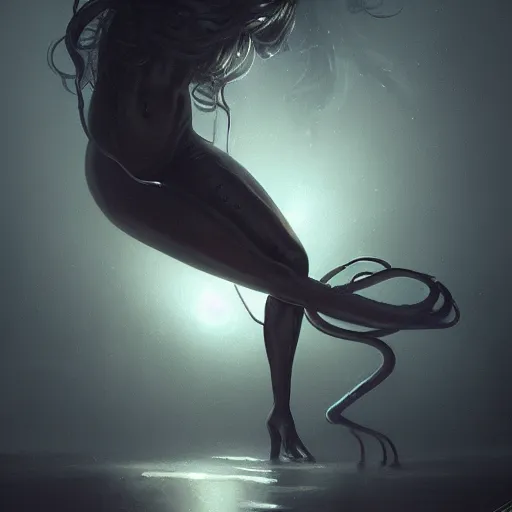 Image similar to hyperrealistic dark beautiful curvy female figure, trapped in slimy tentacles, smoky bleak nightmare background, light from above, fantastic, digital painting, artstation, concept art, sharp focus, illustration, art by artgerm and Greg Rutkowski