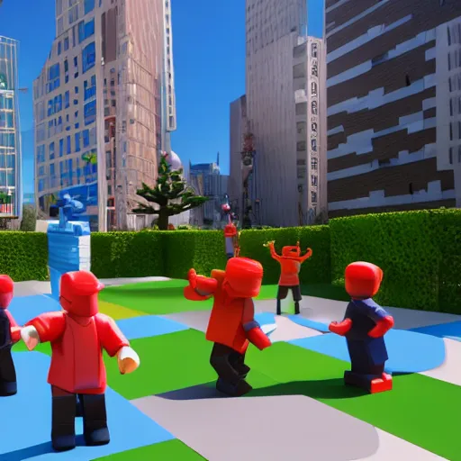 Image similar to highly detailed 3d render of playful kids interacting with roblox figures outside in the sun, box shapes floating all over, bright colors, octane render, insane quality, 8k, 4k, trending, artstation