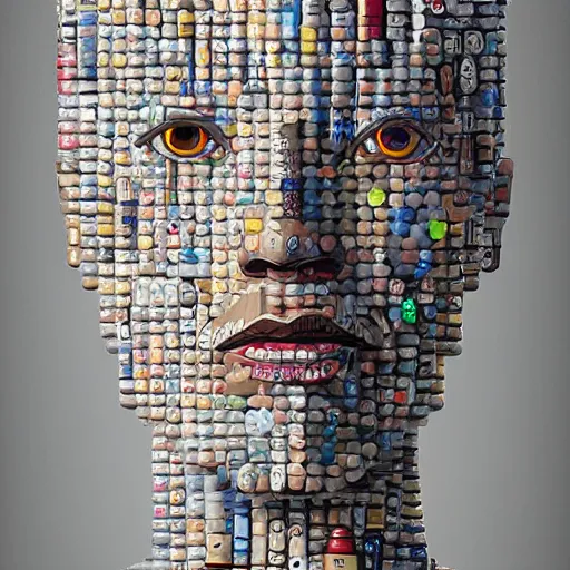 Image similar to potrait of realistic cyborg partlly made of wine bottles. High resolution. Artstation.