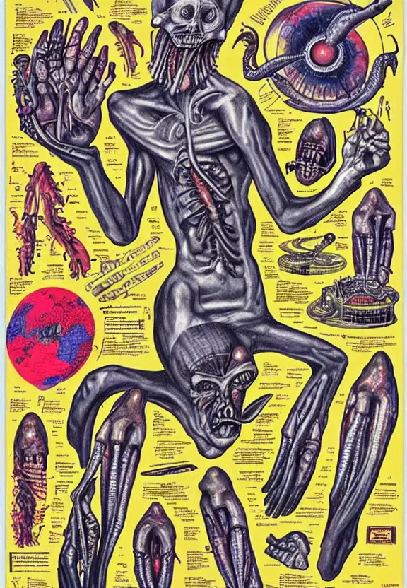 Image similar to subgenius, x - day, aliens, weird stuff, occult stuff, devil stuff, medical diagram, colorful, stained paper, hyperrealism, stage lighting