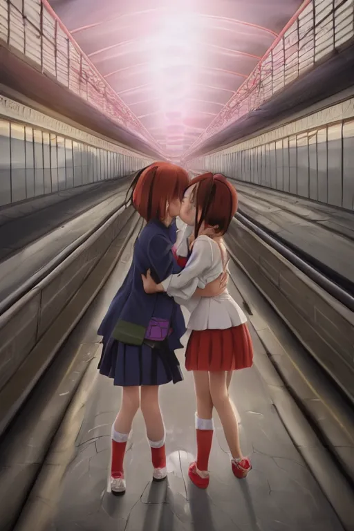 Prompt: Ultra realistic 3d illustration, two cute 3d anime schoolgirls hugging each other on huge japanese elevated subway at dark sunset. fantasy, elegant, dramatic light, trending on artstation, smooth, sharp focus, illustration, art by hiro kiyohara and hayao miyazaki oil painting