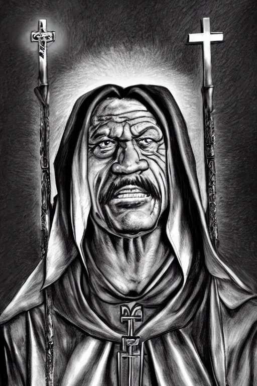 Image similar to Danny Trejo as church nun, dark fantasy, highly detailed, artstation, manga illustration by Kentaro Miura berserk