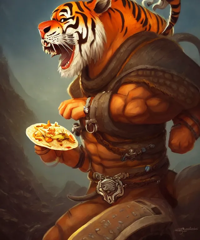 Image similar to a portrait an anthropomorphic tiger ninja eating tacosl, landscape in background, cute and adorable, dnd character art portrait, well rendered matte fantasy painting, deviantart artstation, by jason felix by steve argyle by tyler jacobson by peter mohrbacher, cinematic lighting