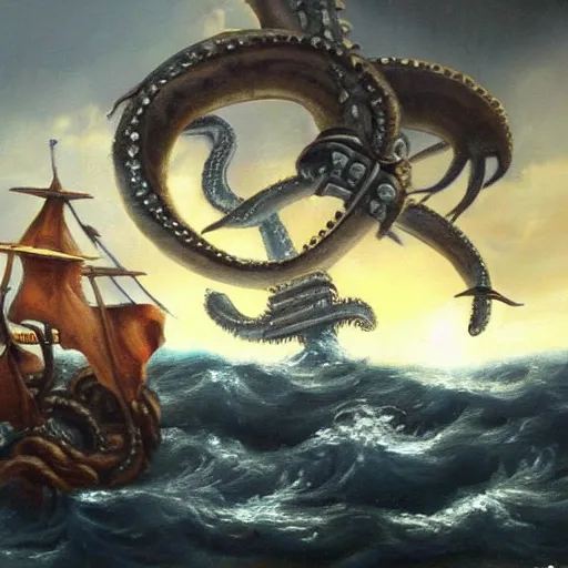 Image similar to oil painting of a kraken attacking a pirate ship