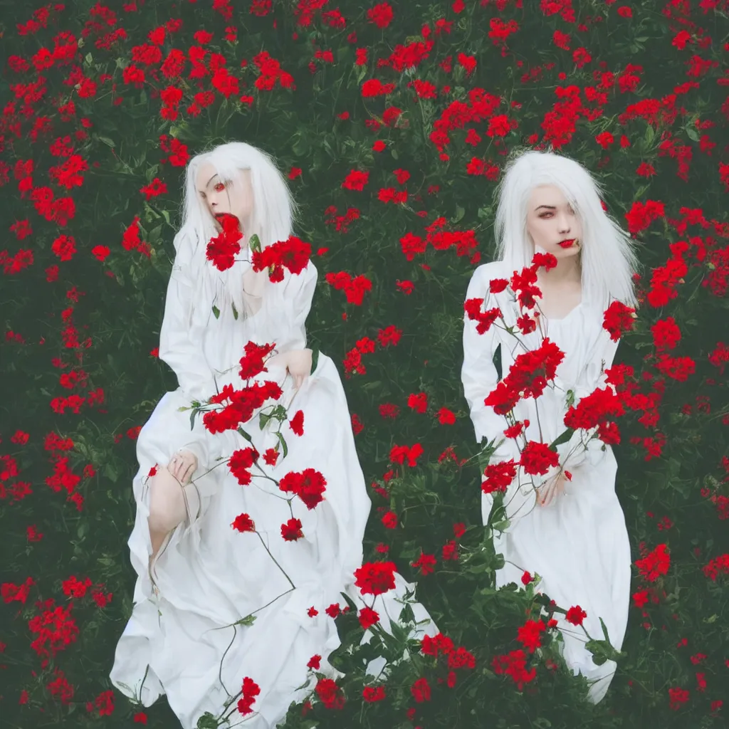 Image similar to girl with white hair in a white dress, red flowers, aesthetics, gradient