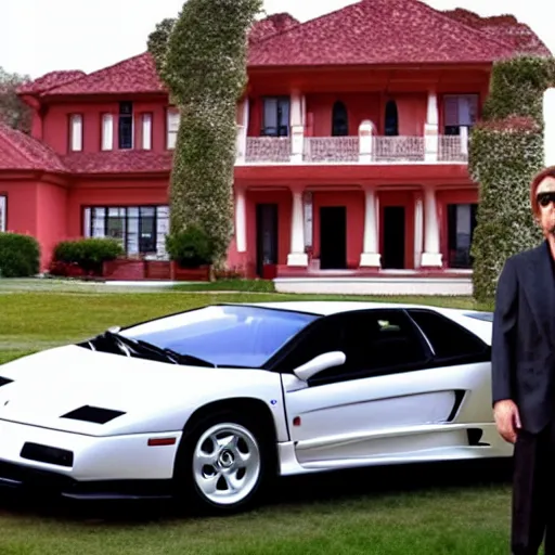 Prompt: red lamborghini diablo in front of an 8 0's mansion and al pacino in front of it very elegant and very realistic
