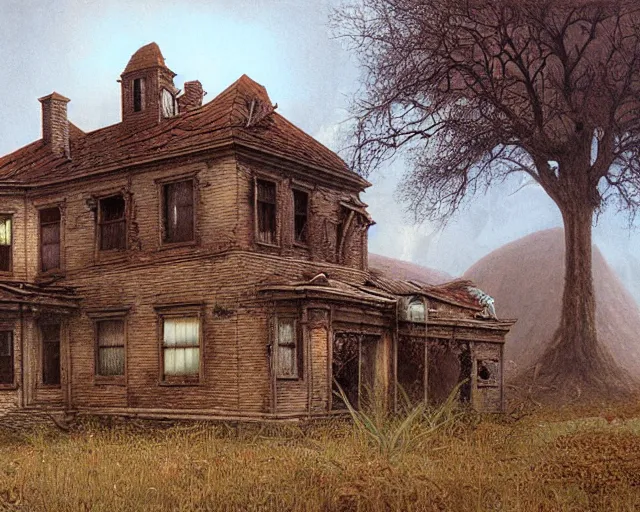 Prompt: matte painting of abandoned house by wayne barlowe