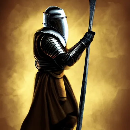 Image similar to knight holding a polearm, photorealistic, warm lighting, epic