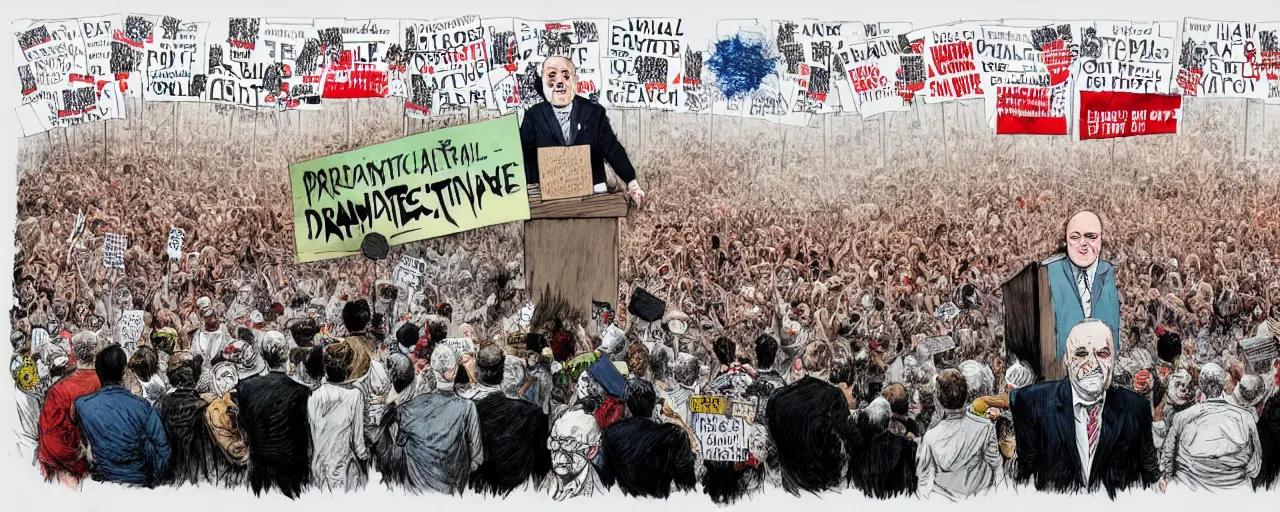 Image similar to an political caricature of politician at a podium surrounded by a crowd of angry protestors with signs, by gerald scarf and ralph steadman, illustration, ink drips, front angle, ink splatters, pen and ink, flat color, drawing, facing front, anatomically correct, beautiful perfect face, sharp focus, highly detailed, cinematic lighting, 8 k, hd