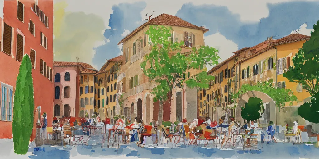 Image similar to watercolor, verona city by david hockney