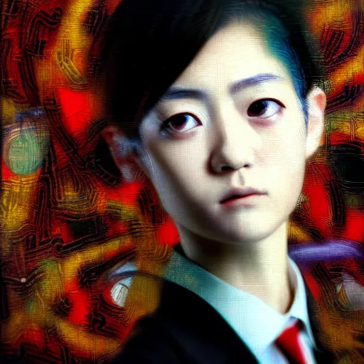 Image similar to yoshitaka amano blurred and dreamy realistic three quarter angle portrait of a young woman with short hair and black eyes wearing office suit with tie, junji ito abstract patterns in the background, satoshi kon anime, noisy film grain effect, highly detailed, renaissance oil painting, weird portrait angle, blurred lost edges