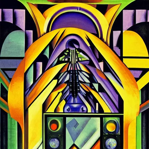 Prompt: the shaman of the subway, an art deco painting by leo and diane dillon and diego rivera, geometric designs, dramatic lighting, god rays, smooth, sharp focus, art brut, outsider art