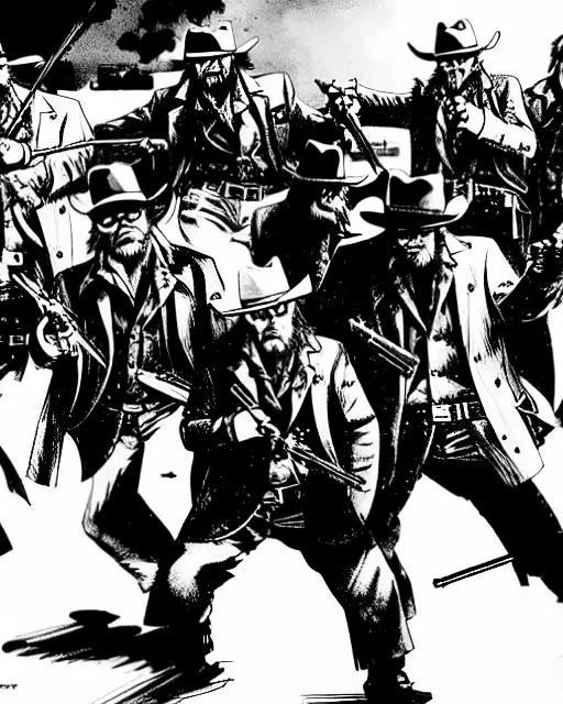 Image similar to epic action gunfight scene from The Hateful Eight by Quentin Tarantino in style by Dave Gibbons and Yoji Shinkawa, trending on artstation, details, intricate, 4k, perfect faces