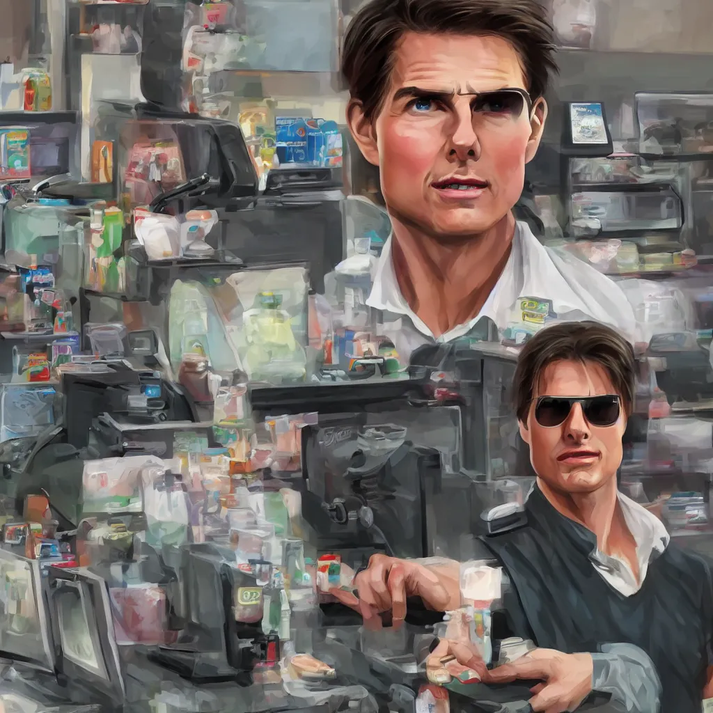 Image similar to Tom Cruise working as a 7/11 cashier, artstation, accurate, 8k, HD