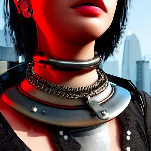 Image similar to detailed realistic female character cyberpunk wearing thick steel collar around neck, realistic, art, beautiful, 4K, collar, choker, collar around neck, punk, artstation, detailed, female, woman, choker, cyberpunk, neon, punk, collar, choker, collar around neck, thick collar, choker around neck, wearing choker, wearing collar,