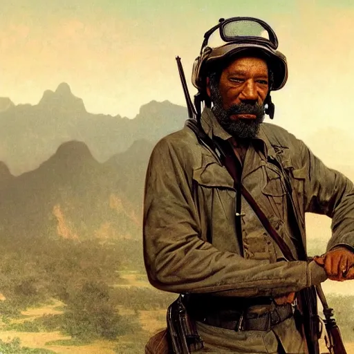 Image similar to an extremely detailed matte painting of a ridiculously good looking morgan freeman that looks like a jewish gigachad in the vietnam war, wearing a ballistic helmet from patton, long curly hair, camouflaged gear, very detailed, jungles of vietnam beautiful, intricate, cinematic, artstation, william bouguereau, alphonse mucha, greg rutkowski, stanley kubrick, octane render