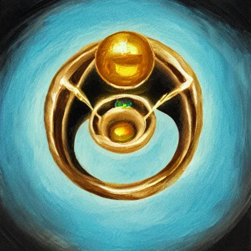 Image similar to a dnd golden wedding ring with three small glowing orbs in the center of its face, oil painting