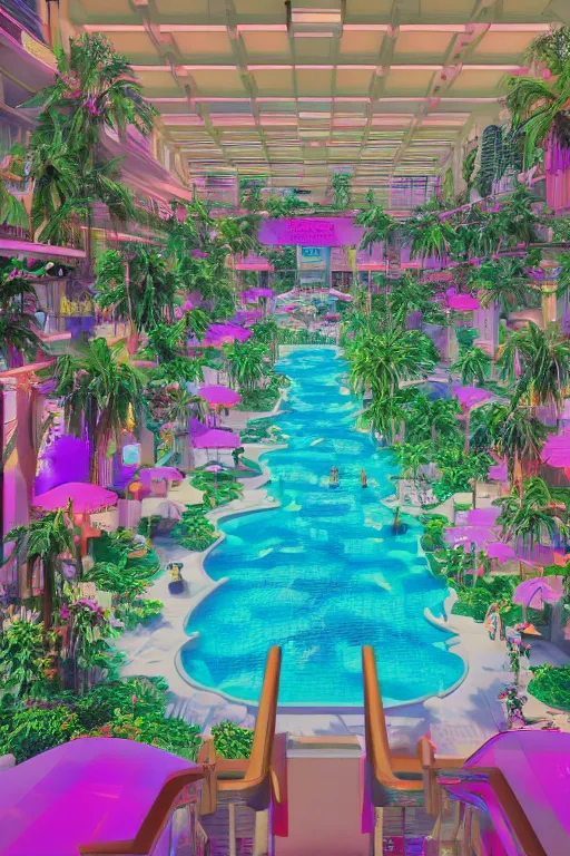 Prompt: photo of a vaporwave aesthetic indoor liminal 90s mall with a lazy river, long shot, cinematography by Wes Anderson, 4k octane render, intricate detail, photorealistic , cinematic lighting, Artstation,