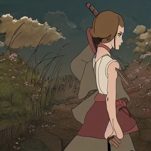 Image similar to emma watson, epic, samurai, in the style of Studio Ghibli, Hayao Miyazak