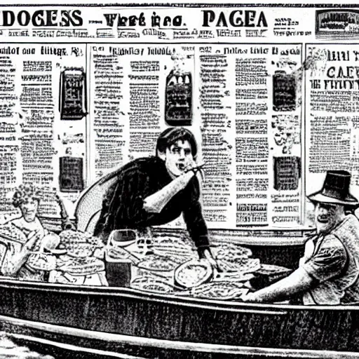 Prompt: Harry Potter eating a plate of nachos in a boat on a river, Early 1900s newspaper, Hyper realistic