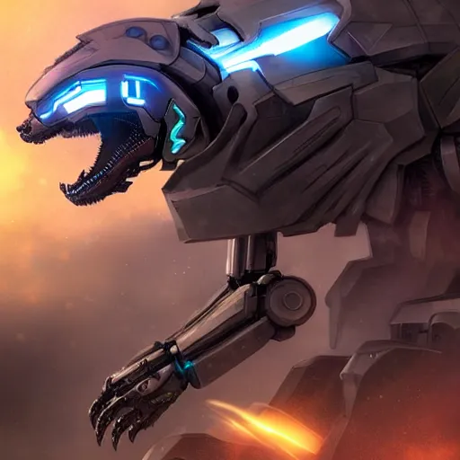 Image similar to hyper realistic, epic, highly detailed cinematic full body shot of a mecha canine, sharp claws, sleek armor, glowing visor, destroying city, digital art, furry art, dragon art, zoids art, furaffinity, deviantart