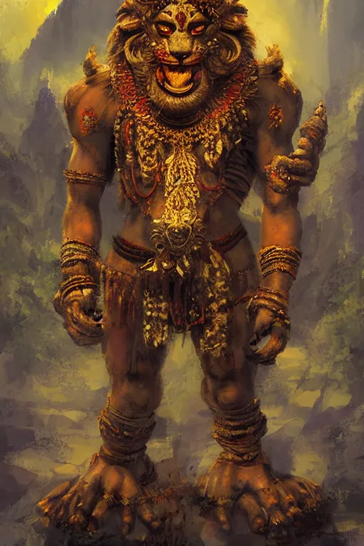 Prompt: Narasimha, fourth avatar of the Hindu god Vishnu, concept art by Craig Mullins