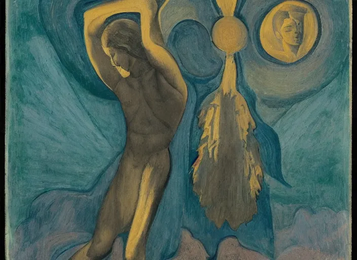 Image similar to A shaman holding up the universe, by William Zorach, reflection, symbolist, soft colors, dramatic lighting, smooth, sharp focus, extremely detailed, aesthetically pleasing composition