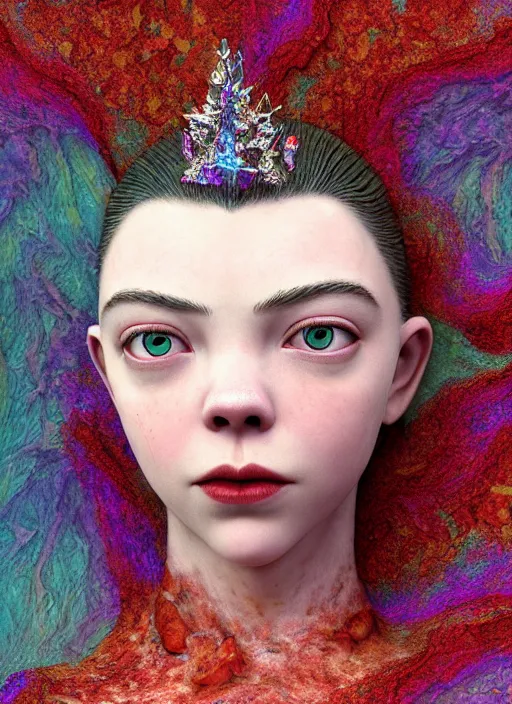 Image similar to hyper detailed 3d render like a Oil painting - very coherent Concrete displacement mapped profile subsurface scattering (a beautiful fae princess protective playful expressive from dark crystal that looks like Anya Taylor-Joy) seen red carpet photoshoot in UVIVF posing in caustic pattern pool to Eat of the Strangling network of yellowcake aerochrome and milky Fruit and His delicate Hands hold of gossamer polyp blossoms bring iridescent fungal flowers whose spores black the foolish stars by Jacek Yerka, Ilya Kuvshinov, Mariusz Lewandowski, Houdini algorithmic generative render, golen ratio, Abstract brush strokes, Masterpiece, Victor Nizovtsev and James Gilleard, Zdzislaw Beksinski, Tom Whalen, Mark Ryden, Wolfgang Lettl, hints of Yayoi Kasuma and Dr. Seuss, Grant Wood, octane render, 8k