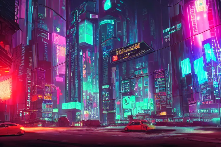 Prompt: a cyberpunk city with neon signs, streetview, cinematic lighting, photorealism.