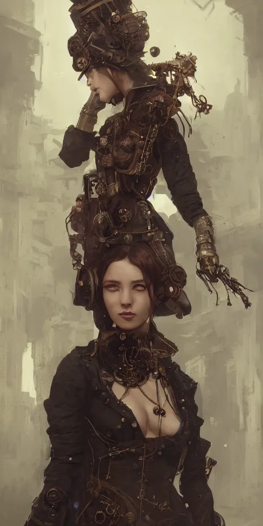 Image similar to A beuatiful portrait of a women in the steampunk style by Greg Rutkowski, Sung Choi, Mitchell Mohrhauser, Maciej Kuciara, Johnson Ting, Maxim Verehin, Peter Konig, Bloodborne, 8k photorealistic, cinematic lighting, HD, high details, dramatic, dark atmosphere, trending on artstation