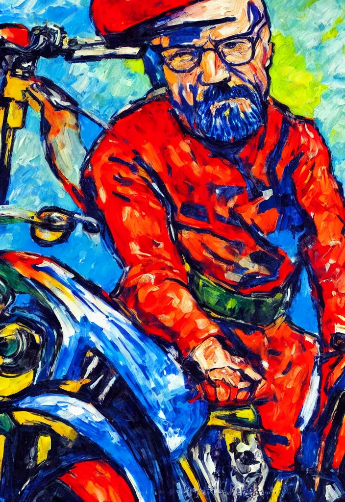 Image similar to expressionist painting of walter white on a motorbike, dynamic perspective, expressionist, colorful, clean, close up