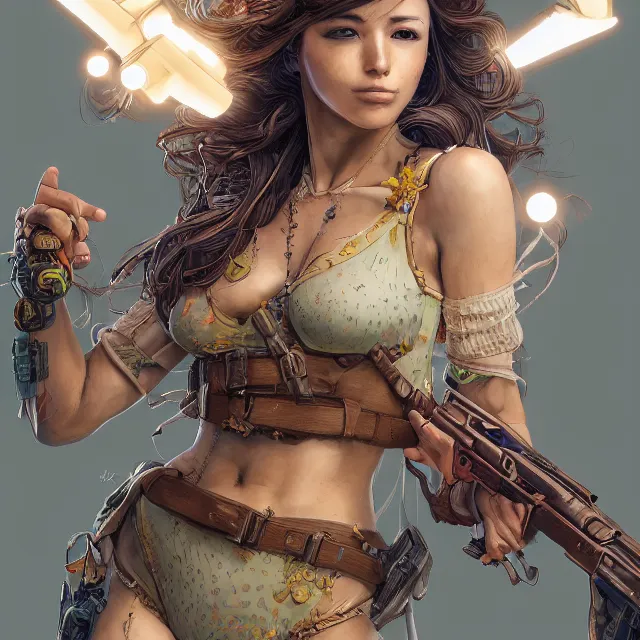 Image similar to the portrait of lawful neutral semi - colorful female infantry gunner as absurdly beautiful, gorgeous, elegant, young swimsuit model, an ultrafine hyperdetailed illustration by kim jung gi, irakli nadar, intricate linework, bright colors, octopath traveler, final fantasy, unreal engine 5 highly rendered, global illumination, radiant light, detailed and intricate environment