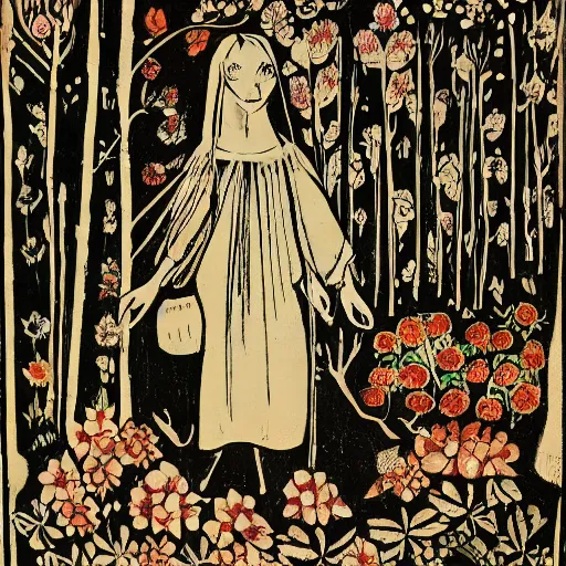 Image similar to In the illustration Vasilisa can be seen standing in the forest, surrounded by animals. She is holding a basket of flowers in one hand and a spindle in the other. Her face is turned towards the viewer, with a gentle expression. In the background, the forest is depicted as a dark and mysterious place. de stijl, black velvet by Erich Heckel, by Helene Schjerfbeck dynamic, soothing