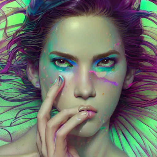 Image similar to young woman, gorgeous face, vaporwave aesthetic, synthwave, colorful, psychedelic, broken, shattered, beaten, sadness, crying, tears, artstation, concept art, smooth, extremely sharp detail, finely tuned detail, 8 k, unreal engine 5, ultra sharp focus, illustration, art by artgerm and greg rutkowski and alphonse mucha