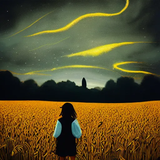 Image similar to giant black daisy flower face, girl walking in wheat field, hills, surreal photography, dark night, star trails, dramatic light, impressionist painting, clouds, digital painting, artstation, simon stalenhag