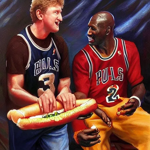 Prompt: portrait of larry bird and michael jordan sharing hotdogs, an oil painting by ross tran and thomas kincade w 7 6 8