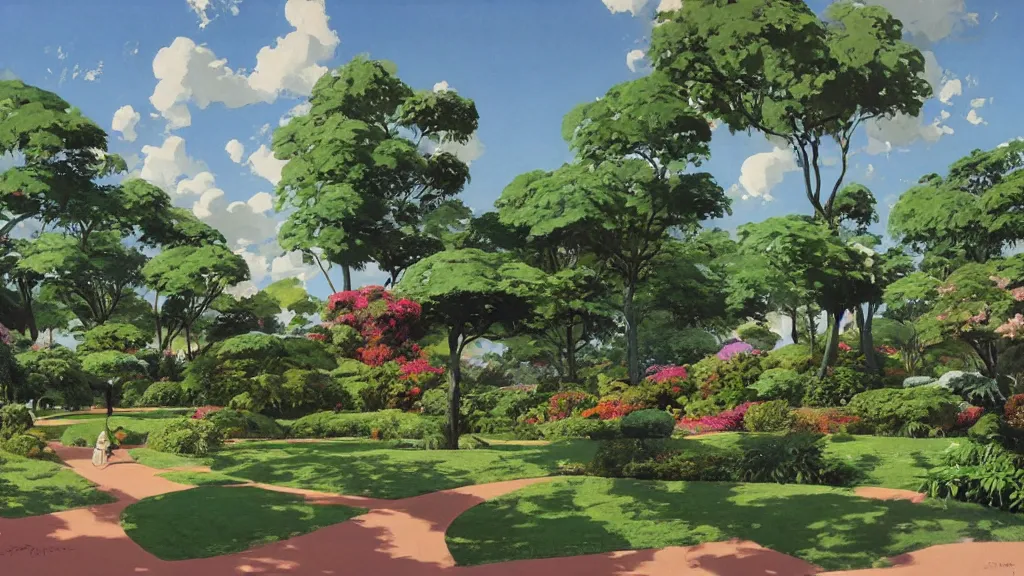 Image similar to an artificial garden with blue skies, landscape, syd mead,