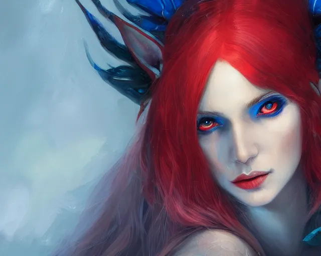 Image similar to A detailed matte oil on canvas head on symmetrical portrait of a distinguished elven woman with red and blue hair on an empty background, by Charlie bowater, Lise Deharme, Wlop, trending on artstationhd, dungeons and dragons art, parted hair , half blue, half red , split dye, critical role